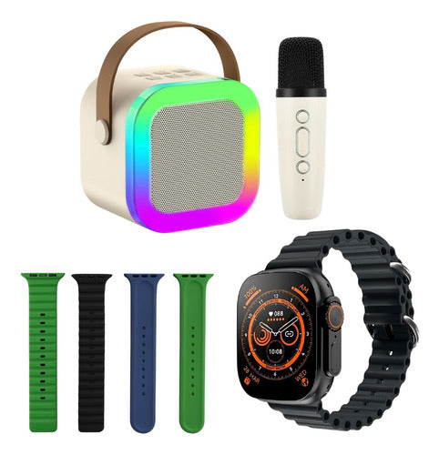 Reloj Smartwatch Con 4 Mallas Y Parlante Micrófono Combo Color de la malla: Verde/Negro/Azul