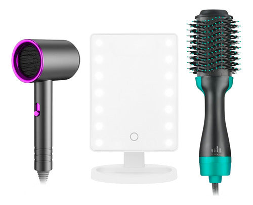 Combo Espejo Con Luz Led Secador De Pelo Y Cepillo Set