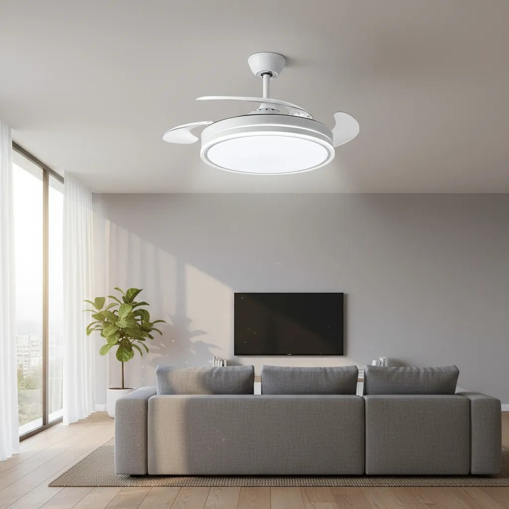 Ventilador De Techo Retráctil 4 Aspas Luz Led Fría Cálida