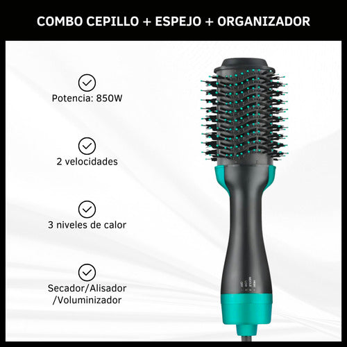 Cepillo Secador Eléctrico Espejo Luz Led Y Porta Cosméticos