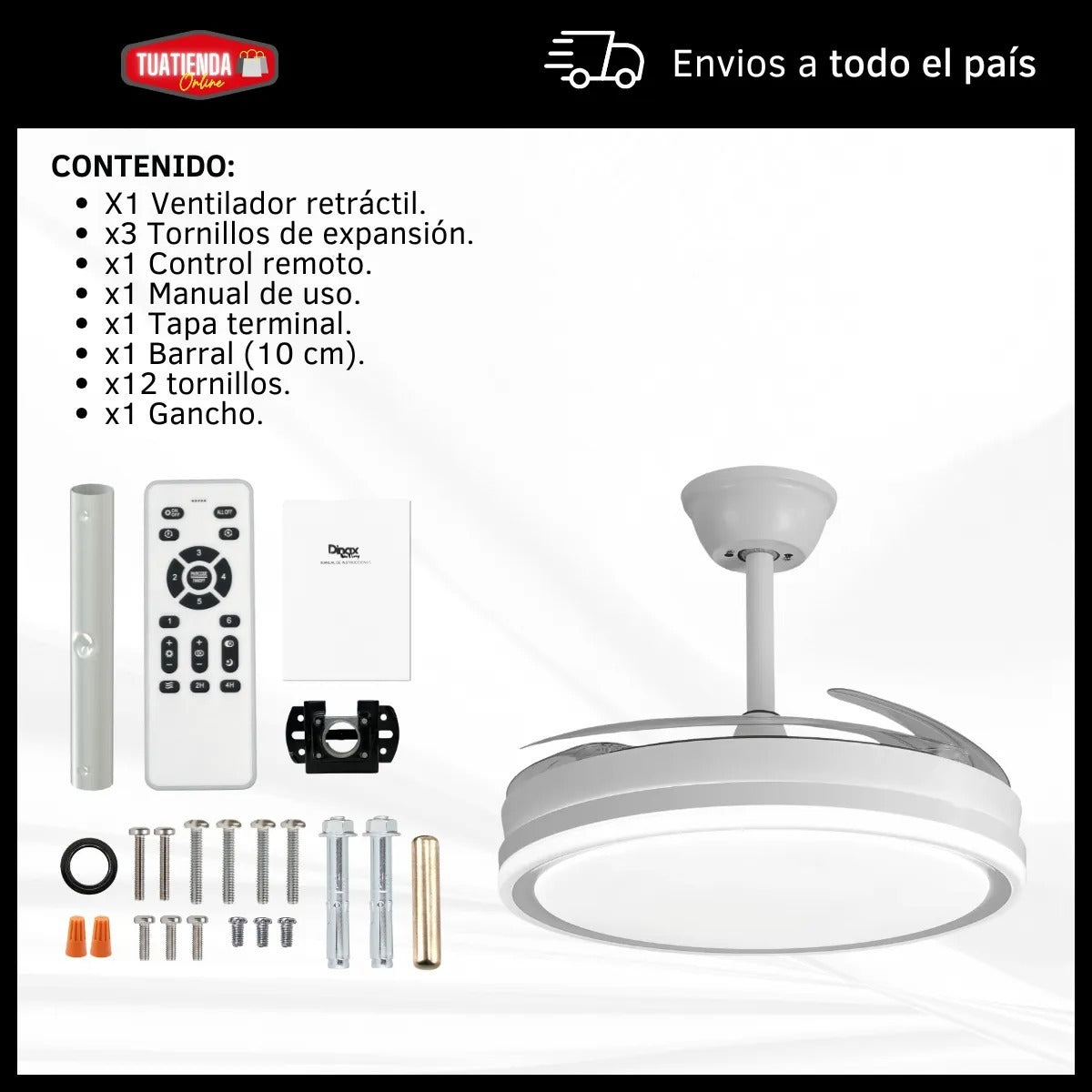 Ventilador De Techo Retráctil 4 Aspas Luz Led Fría Cálida